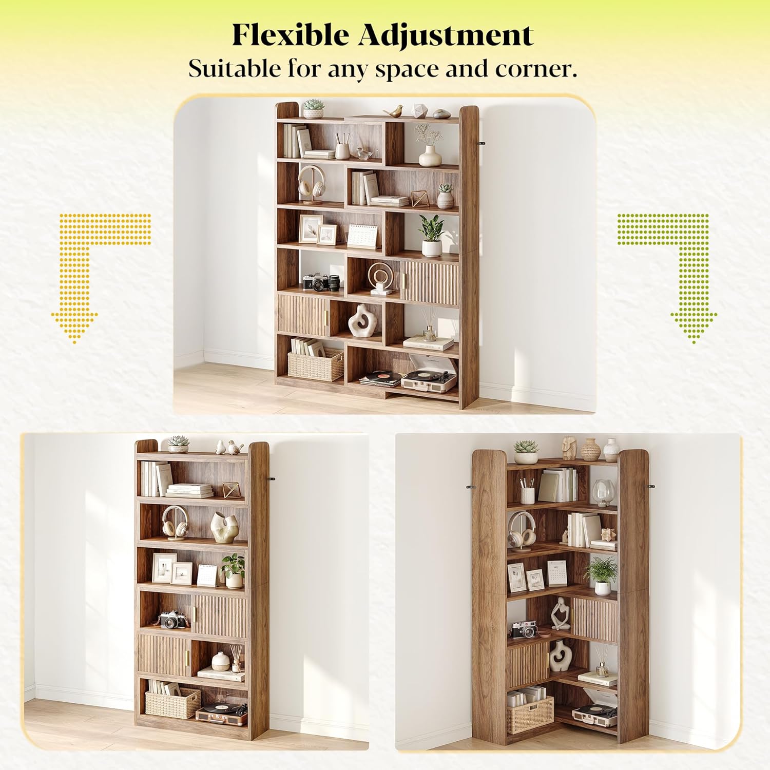 DurayLoly 75" Tall Corner Bookshelf, 7 Tiers Wood Bookcase with 2 Enclosed Storage Cabinet, Adjustable Corner Cabinet for Living Room, Home Office, Bedroom, Kitchen, Brown