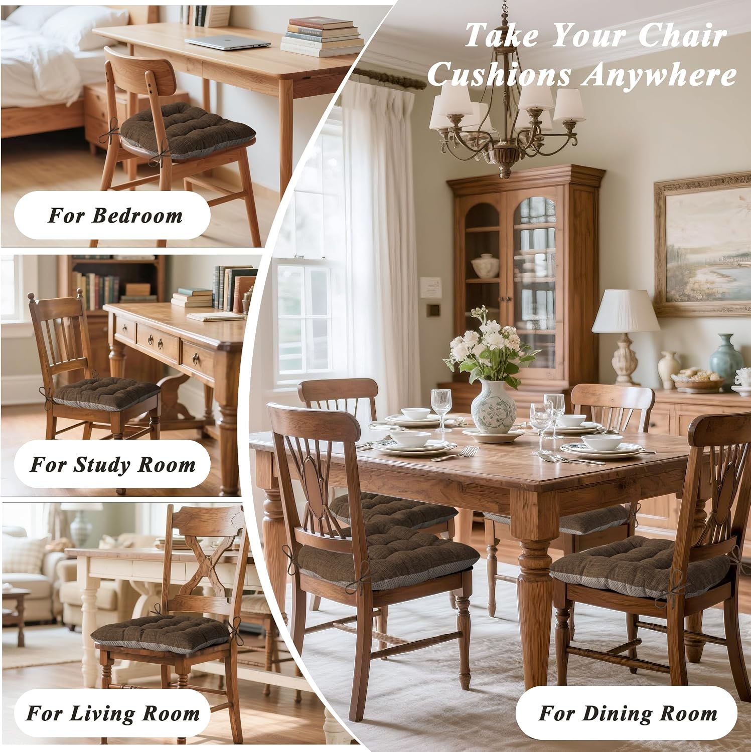 Chair Cushions for Dining Chairs Set of 4 Durable D-Shaped Seat Cushions with Non-Slip Backing Secure Ties Thick Cozy Seat Pad for Kitchen Dining Room Office(18x16.5x3in Coffee)