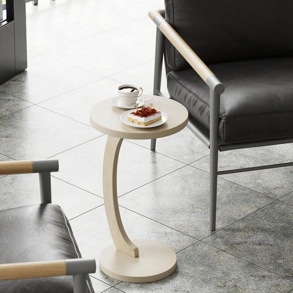 COZAYH C Shaped Round End Table for Couch Small Place, Space Saver Side Table for Sofa, Living Room, Bedside Area, Coffee and Eating Snack Tray, White