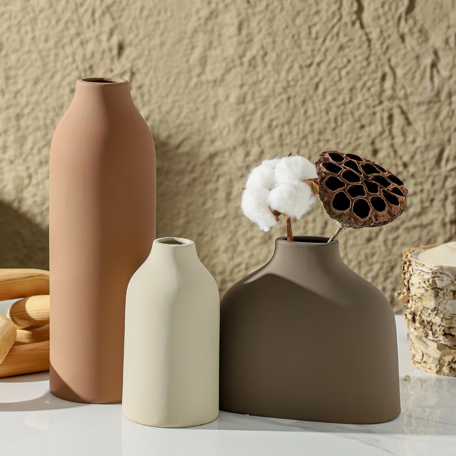 Enra Modern Ceramic Vase Set of 3 for Living Room Decor Centerpiece,Cute Small Farmhouse Rustic Pottery Vases for Pampas Grass, Dried Flowers, Artificial Plants,Tabletop Accents for Bookshelf Entryway
