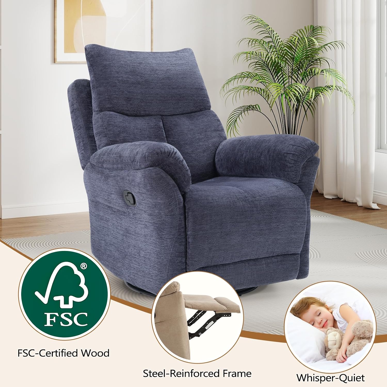 ANJ Swivel Rocker Recliner Chair Nursery Manual Glider Rocking Recliner Chairs for Adults, Fabric Rocking Chair Nursery, 360° Swivel Lazy Boy Recliner Chairs for Living Room, Slate Blue