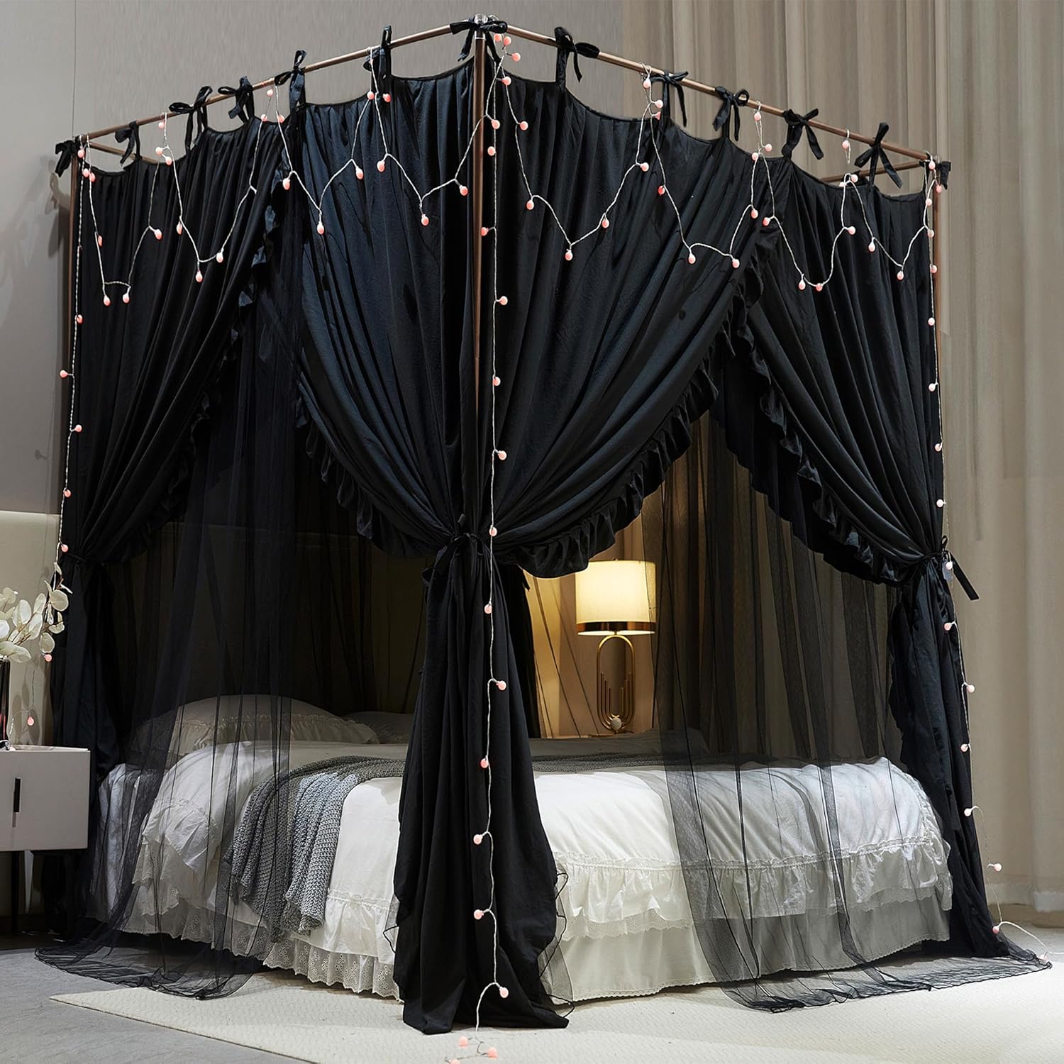AIOOO 4 Corners Post Princess Curtain Bed Canopy Double Layer Cozy Mosquito Net Mesh and Cloth for Adults Bedroom Decoration (Double-Black/Black, 64" W*82" L*82"*H/(Queen))