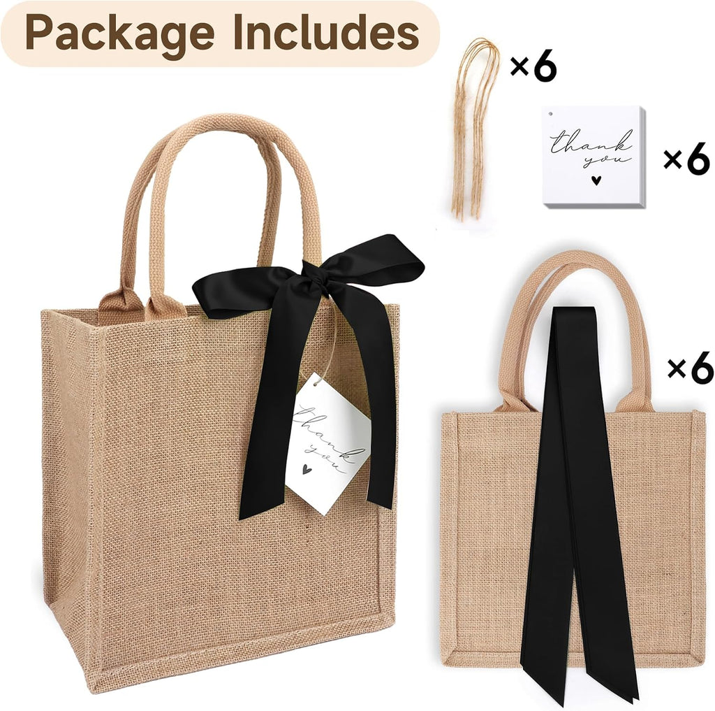 6 Pack Burlap Tote Bags with Handles Reusable Small Jute Gift Bags with Black Silk Ribbons Waterproof Lining for Wedding Bridesmaid Mother's Day Bachelorette Beach Party