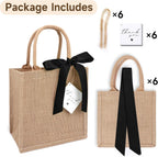 6 Pack Burlap Tote Bags with Handles Reusable Small Jute Gift Bags with Black Silk Ribbons Waterproof Lining for Wedding Bridesmaid Mother's Day Bachelorette Beach Party