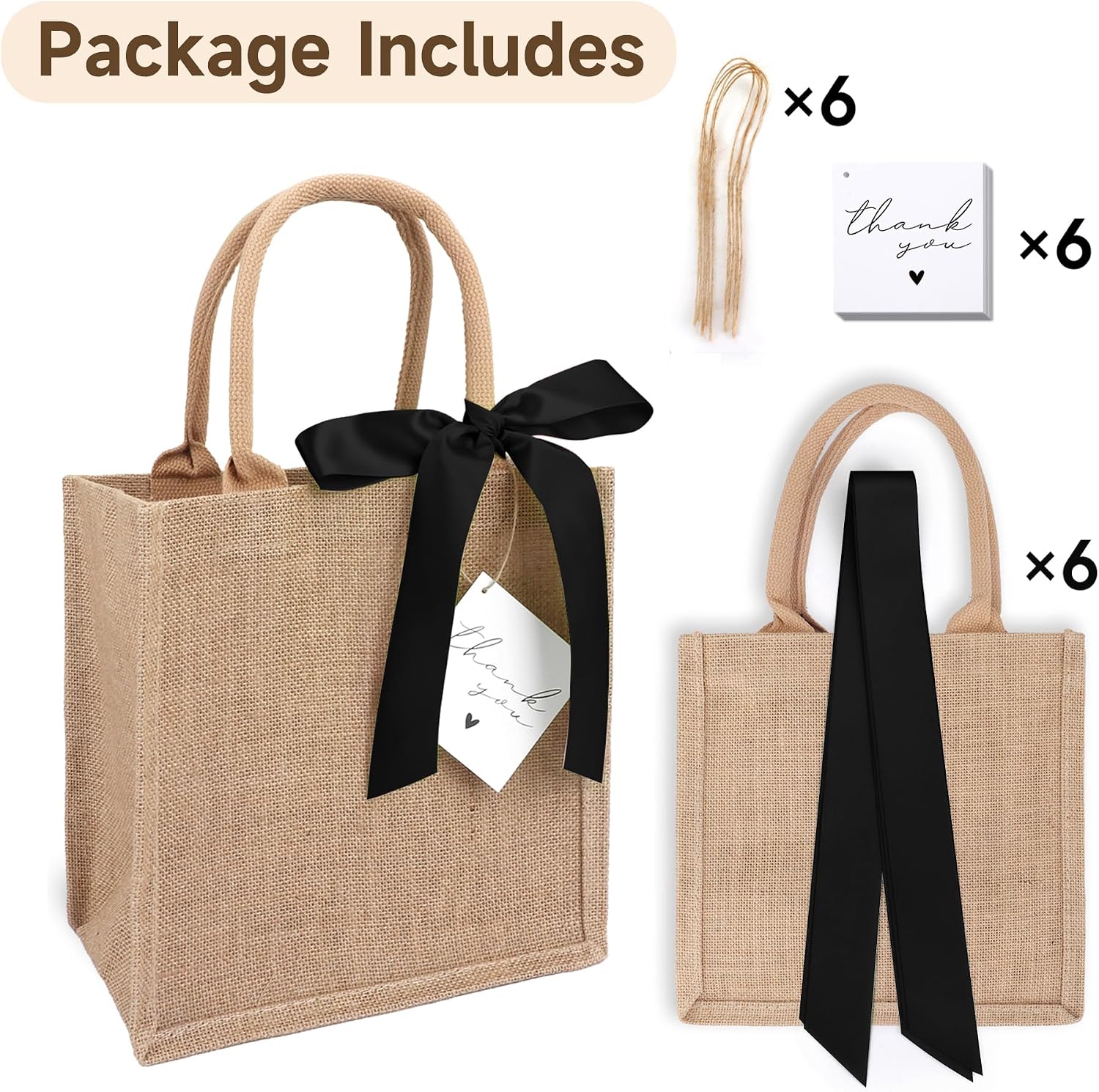 6 Pack Burlap Tote Bags with Handles Reusable Small Jute Gift Bags with Black Silk Ribbons Waterproof Lining for Wedding Bridesmaid Mother's Day Bachelorette Beach Party