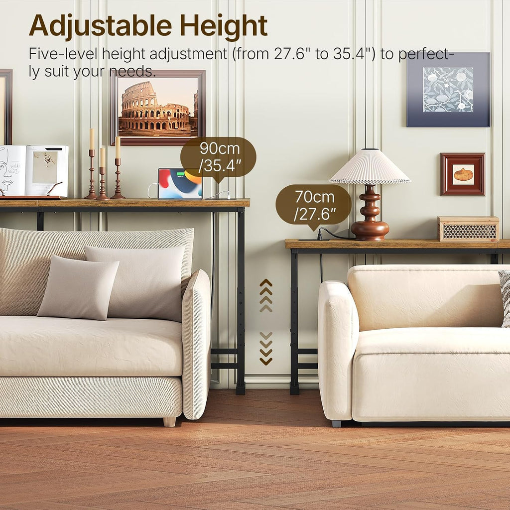 YATINEY 39.4" Console Table with Adjustable Height (27.6"-35.4") and Power Outlet, Skinny Behind Couch Table, Narrow Long Sofa Table for Living Room, Hallway, Entryway, Rustic Brown and Black CT33UBR