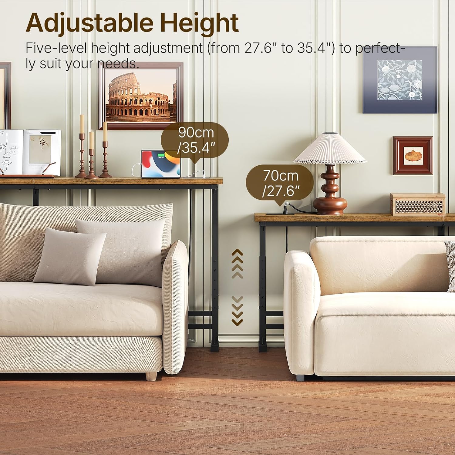 YATINEY 39.4" Console Table with Adjustable Height (27.6"-35.4") and Power Outlet, Skinny Behind Couch Table, Narrow Long Sofa Table for Living Room, Hallway, Entryway, Rustic Brown and Black CT33UBR