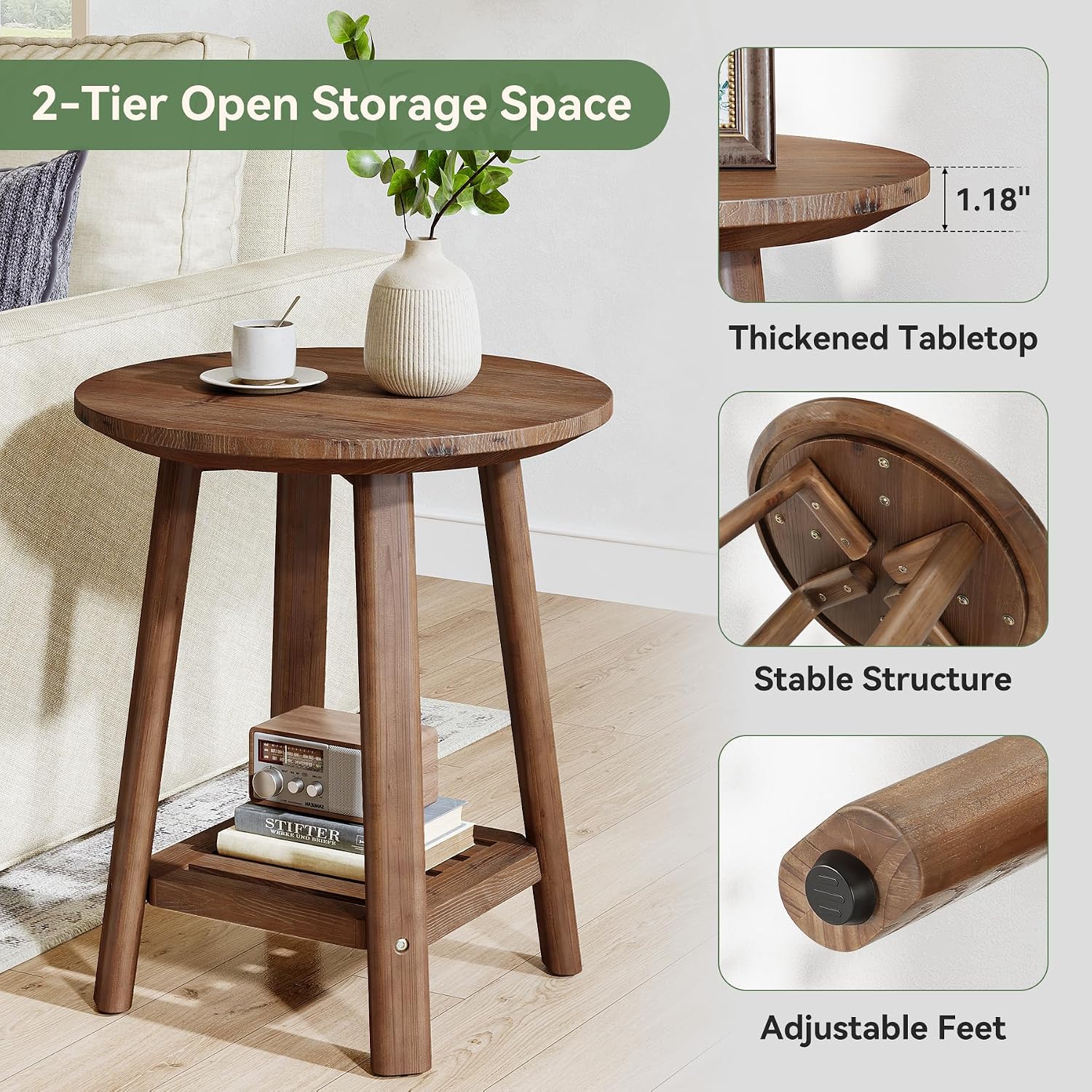 Solid Wood Round Side Table, 2-Tier Small End Table with Storage Shelf, Farmhouse Nightstand for Small Spaces, Living Room, Bedroom, Walnut (1, Walnut)