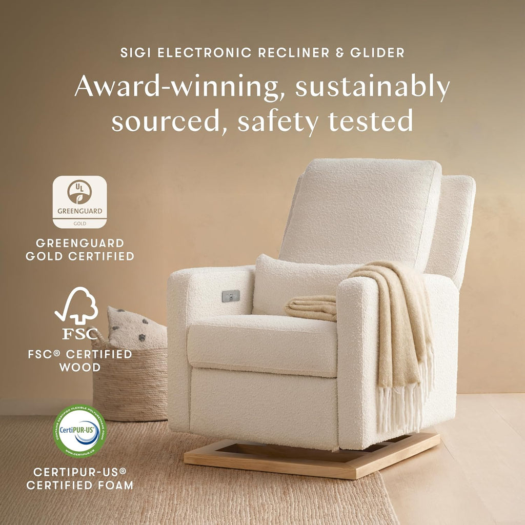 Babyletto Sigi Electronic Power Recliner and Glider with USB Port in Ivory Boucle with Light Wood Base, Greenguard Gold and CertiPUR-US Certified