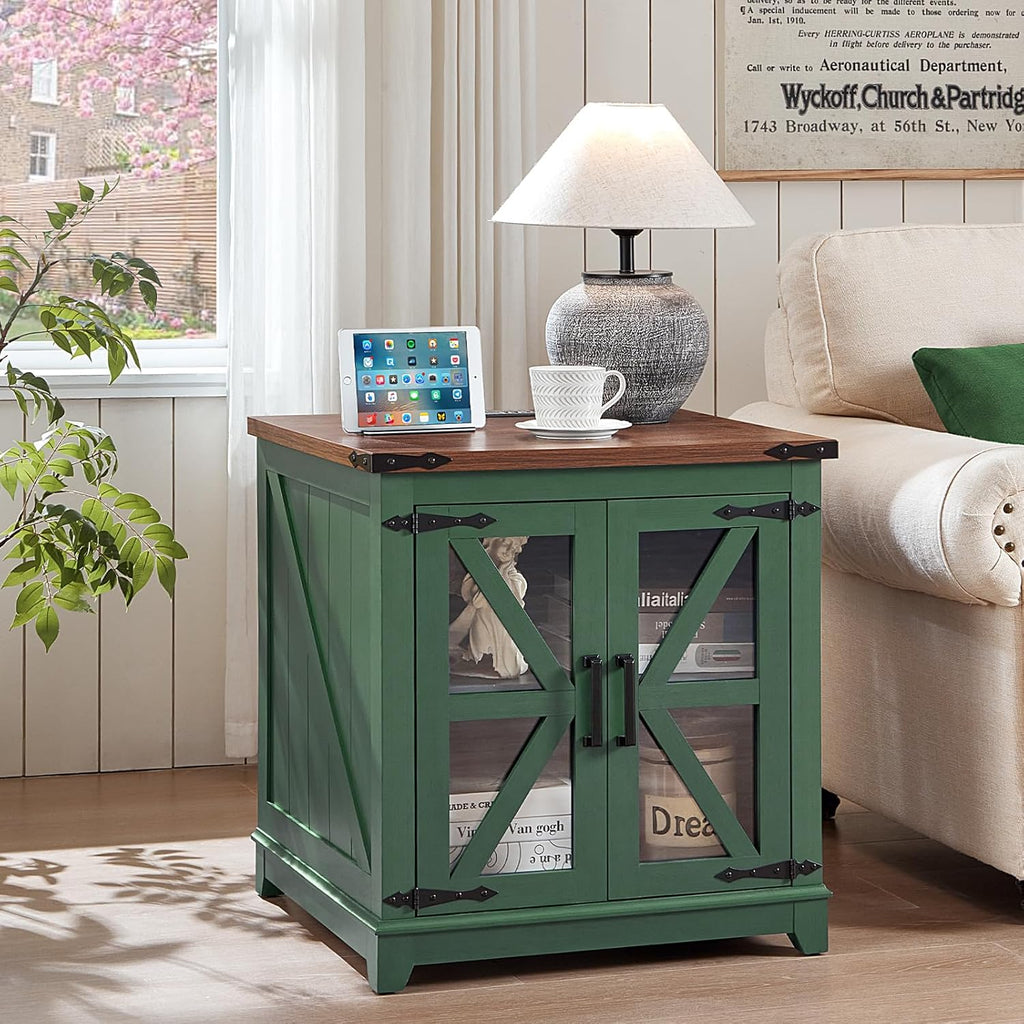 Joaxswe Farmhouse End Table with Charging Station Set 2, 24" Large Sofa Side Table with Glass Barn Door, Nightstand with Adjustable Storage Shelf, Wood Square Bedside Table for Living Room, Bedroom