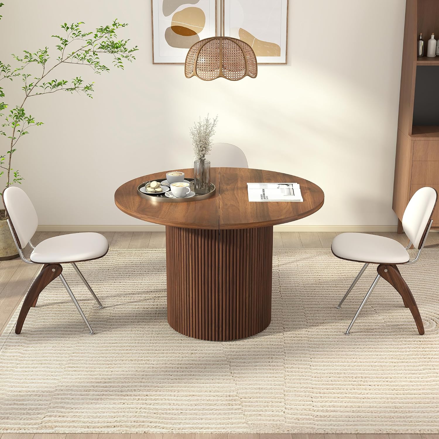 41 in-78 in Extendable Dining Room Table for 4-8, Round Expandable Kitchen Table with Fluted Base, Modern Farmhouse Oval Dinner Tables for Dining Room Kitchen Living Room (Walnut)