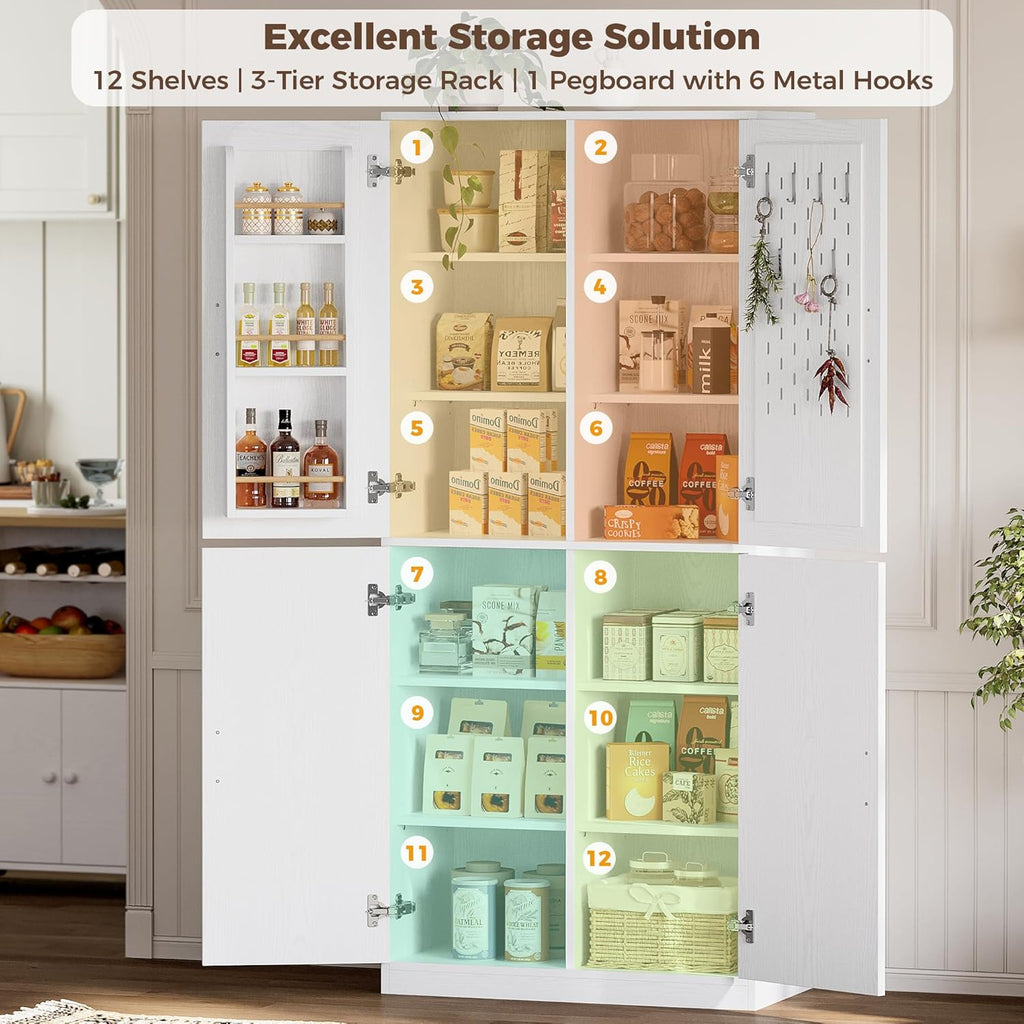 IRONCK 71" Kitchen Pantry Storage Cabinet with Storage Rack, Pegboard Doors, 4 Adjustable Shelves, Food Pantry Cabinet, Freestanding Tall Cupboard for Dining Room, Kitchen, White