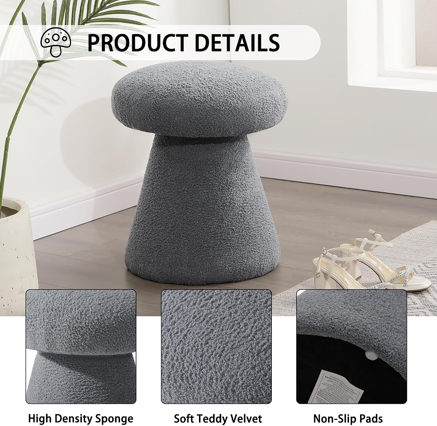 Homebeez Mushroom Ottoman Foot Stool, 18 inch Teddy Fleece Small Footrest, Round Sherpa Pouf for Living Room, Bedroom, Cute Modern Accent Seating, Slate Gray