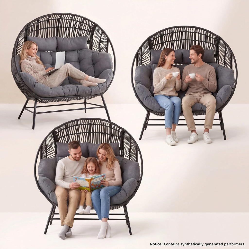 IRONCK Outdoor Round Egg Chair with Armrest, Double Lounge Chair with Cushions and Headrests, Wicker Egg Seat for Patio Backyard, Black