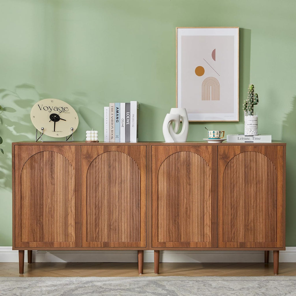 Bifins 94.5” Fluted Sideboard Buffet Cabinet with Storage,Mid Century Modern Long Wood Storage Cabinet with Arched Profile for Dining Room Kitchen Living Room