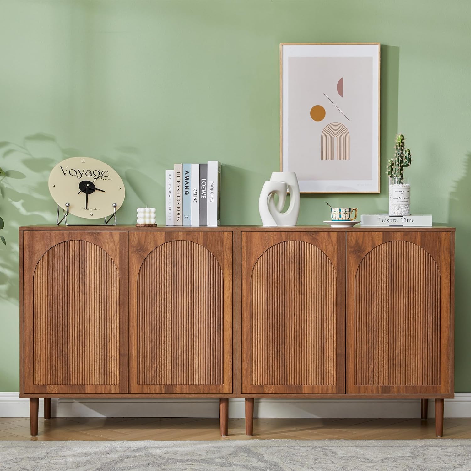 Bifins 94.5” Fluted Sideboard Buffet Cabinet with Storage,Mid Century Modern Long Wood Storage Cabinet with Arched Profile for Dining Room Kitchen Living Room