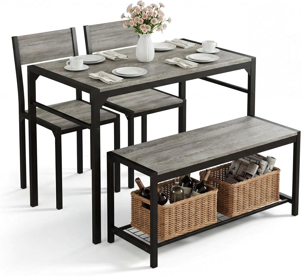 Dining Table Set for 4 with Bench, 4 Pieces Kitchen Table and Chairs, Space-Saving Dinner Table for Kitchen, Dining Room, Apartment, Extra Storage, Sturdy Construction, Easy Assembly(Grey)