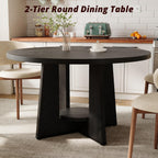 Black Round Dining Table for 4-6, 47 Inch Black Kitchen Table with Storage Shelf & Wood Pedestal Base, Modern Circle Dining Room Table for Small Apartment, Home Office, Living Room