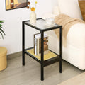 2-Tier Bamboo Side Table, Modern Glasstop Rattan Side Table, Mid Century Wood Sofa-Side End Tables for Living Room, Bedroom Night Stand with Storage, Small Narrow Coffee Tables, Black