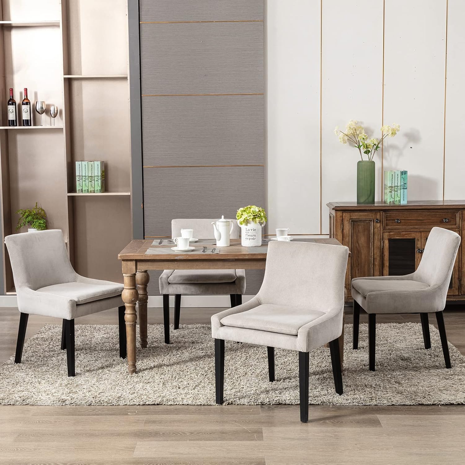 MALOL Upholstered Dining Chairs Set of 6, Mid-Back Kitchen Room Chair with Wood Legs, Corduroy Padded Dining Side Chairs for Dining Room, Beige