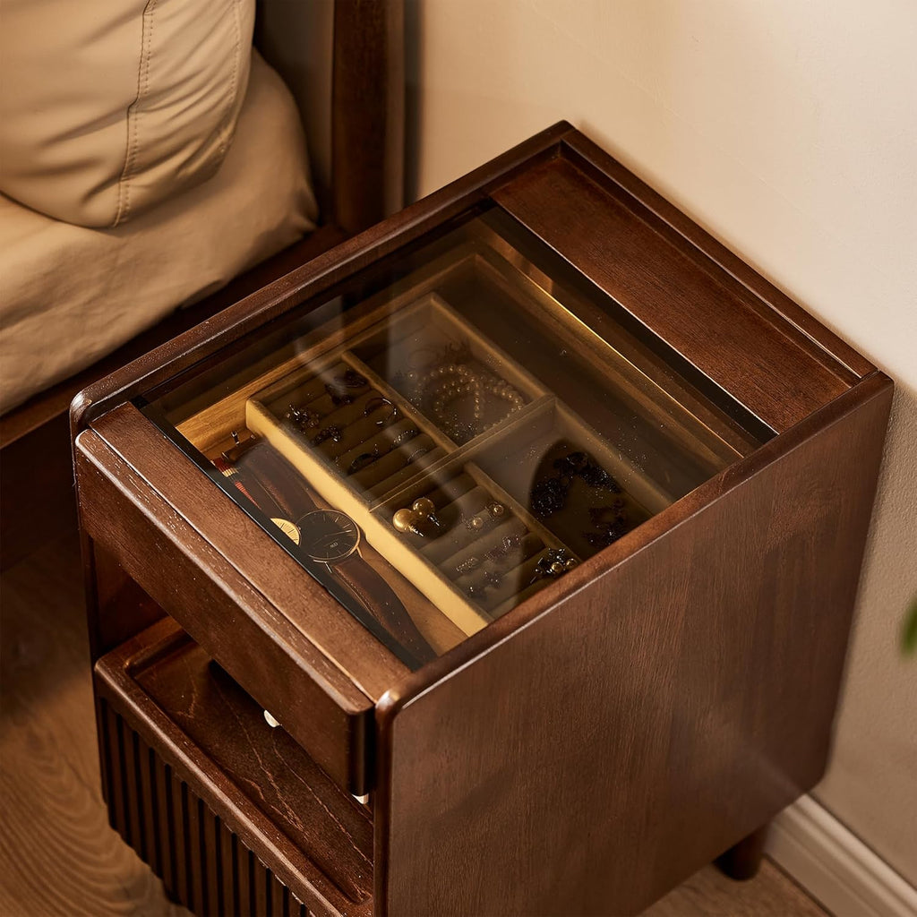 Solid Wood End Table with Glass Top and Drawers, Narrow Nightstand with Pull-Out Tray, Unique Bedside Table, Small Side Table with Storage for Bedroom, Living Room, Walnut