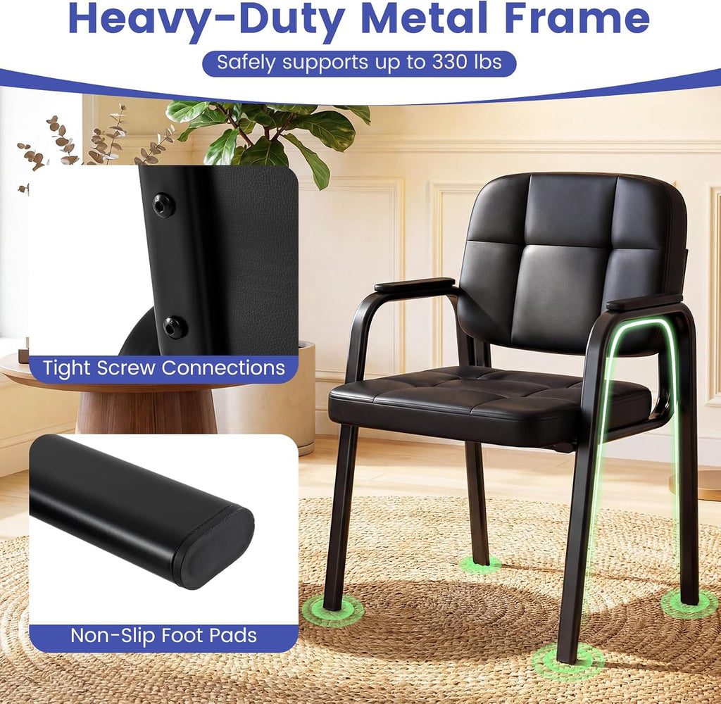 Giantex Waiting Room Guest Chairs Set of 2, Leather Office Reception Chairs with Padded Armrests, Metal Frame, Stationary Side Chairs No Wheels for Conference Meeting Lobby Home, Black