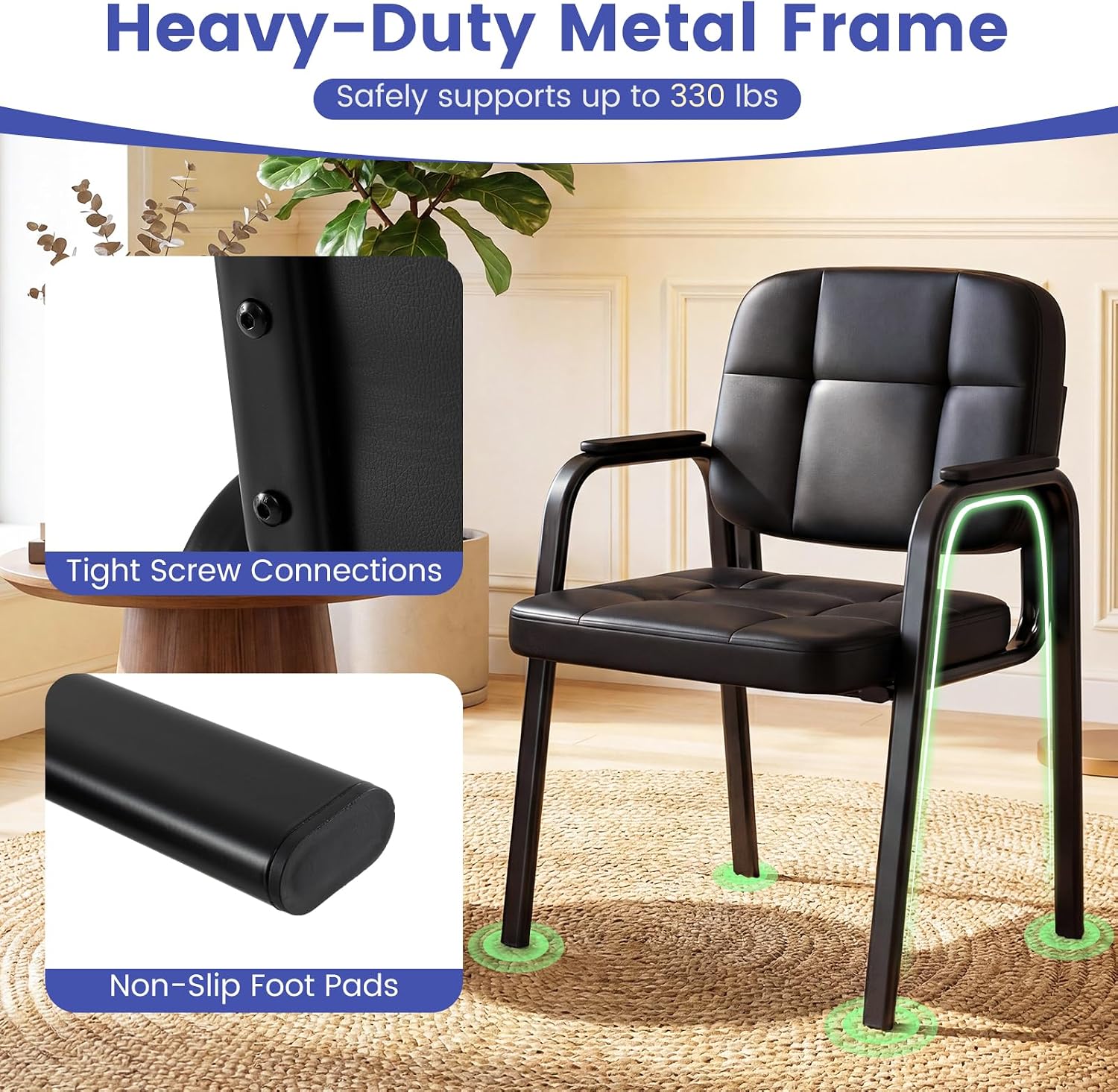 Giantex Waiting Room Guest Chairs Set of 2, Leather Office Reception Chairs with Padded Armrests, Metal Frame, Stationary Side Chairs No Wheels for Conference Meeting Lobby Home, Black