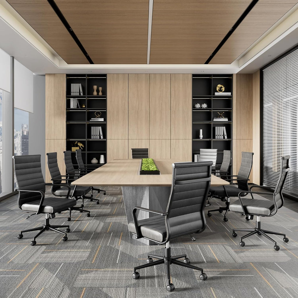 Okeysen Genuine Leather Office Chair, Mid-Century Modern Real Leather Conference Room Chairs, Ergonomic Executive Ribbed Height Adjustable Swivel Rolling Desk Chair for Home Office.