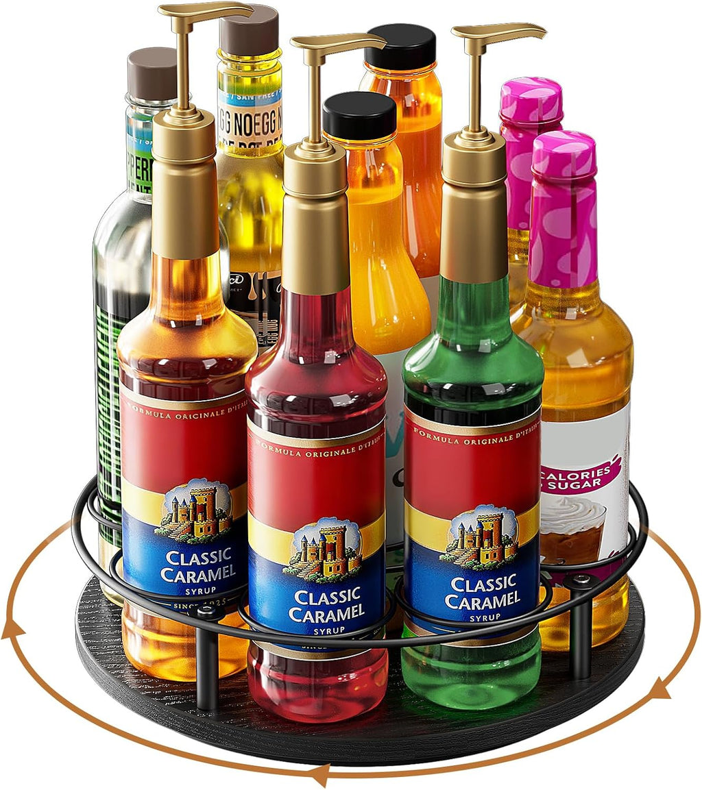 Nuovoware 9 Bottles Rotating Coffee Syrup Rack, Syrup Rack Organizer Carbon Steel Frame with Wooden Base Bottle Holder for Coffee Flavored Syrups Table Top Thermos Liquor, Black+Black