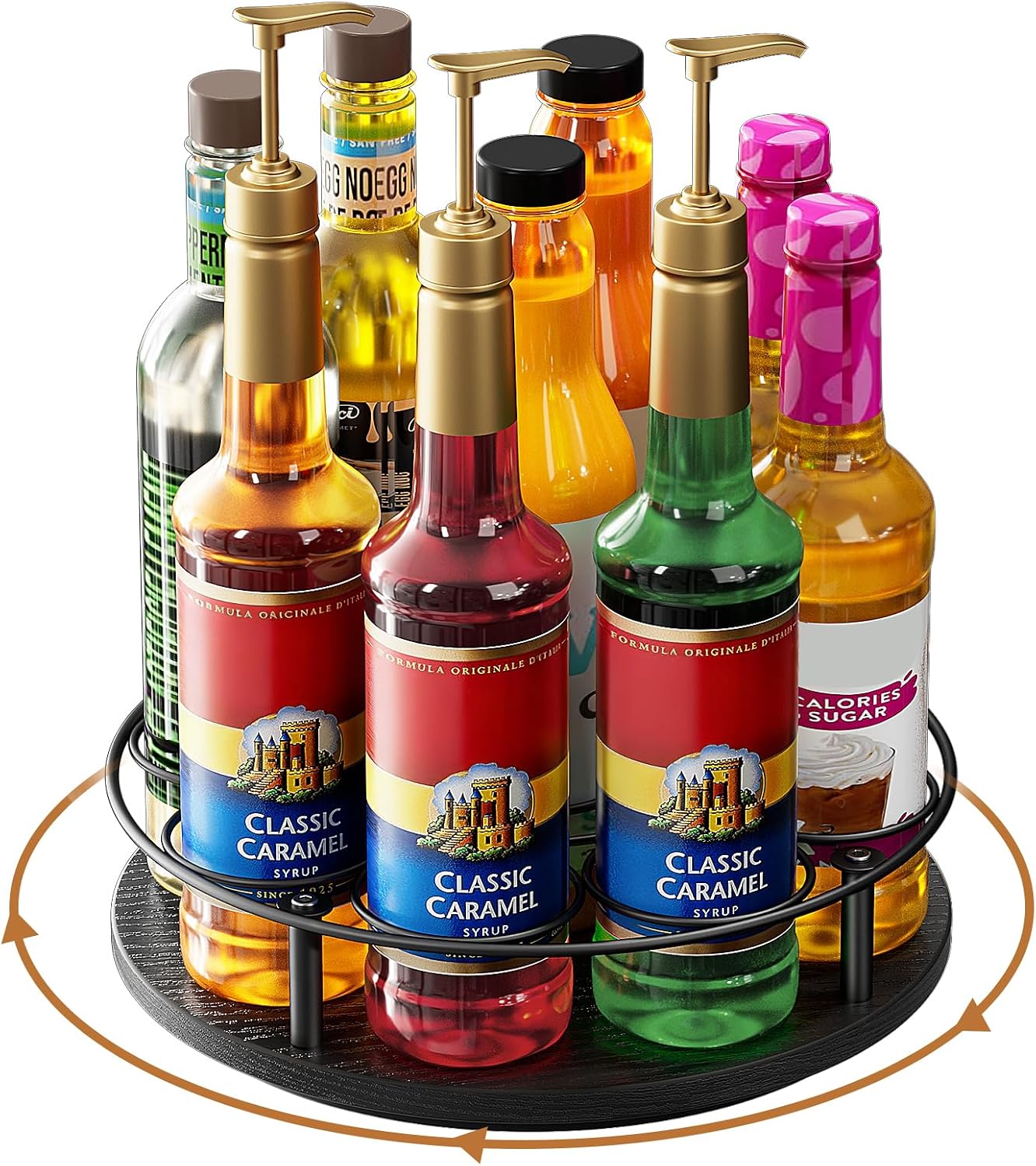Nuovoware 9 Bottles Rotating Coffee Syrup Rack, Syrup Rack Organizer Carbon Steel Frame with Wooden Base Bottle Holder for Coffee Flavored Syrups Table Top Thermos Liquor, Black+Black