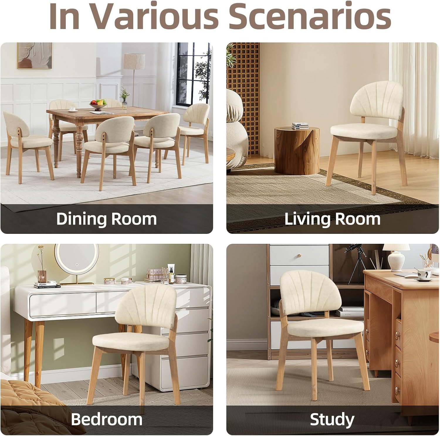 PU Leather Dining Chairs Set of 4, Upholstered Kitchen & Dining Room Chairs, Mid Century Modern Solid Oak Wood Dining Room Chairs with Curved Backrest, Beige