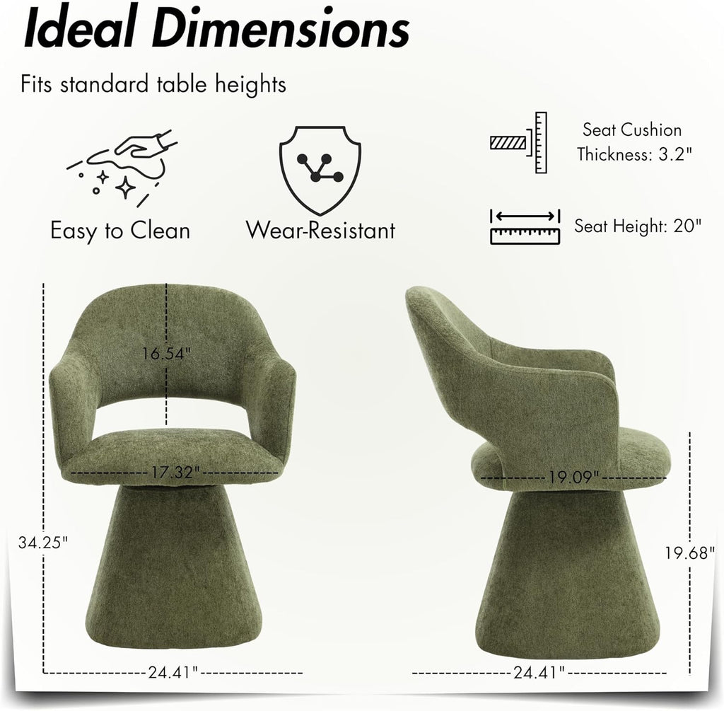 Hyfirm 360° Swivel Dining Chair with Arms Set of 2, Chenille Upholstered Barrel Accent Kitchen Chairs with Hollow High Back, Deskchair for Dining Room Bedroom Vanity, Moss Green