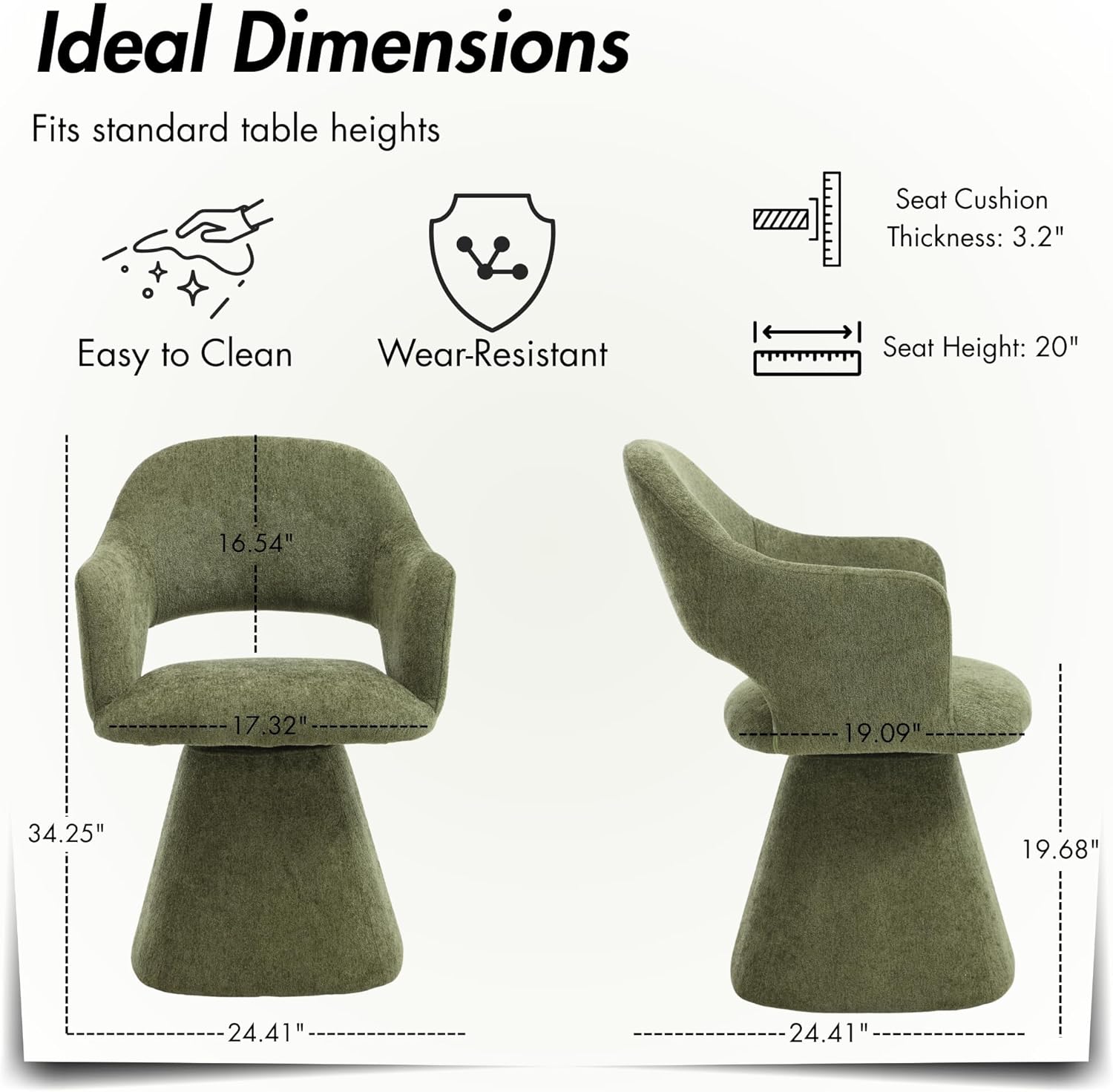 Hyfirm 360° Swivel Dining Chair with Arms Set of 2, Chenille Upholstered Barrel Accent Kitchen Chairs with Hollow High Back, Deskchair for Dining Room Bedroom Vanity, Moss Green