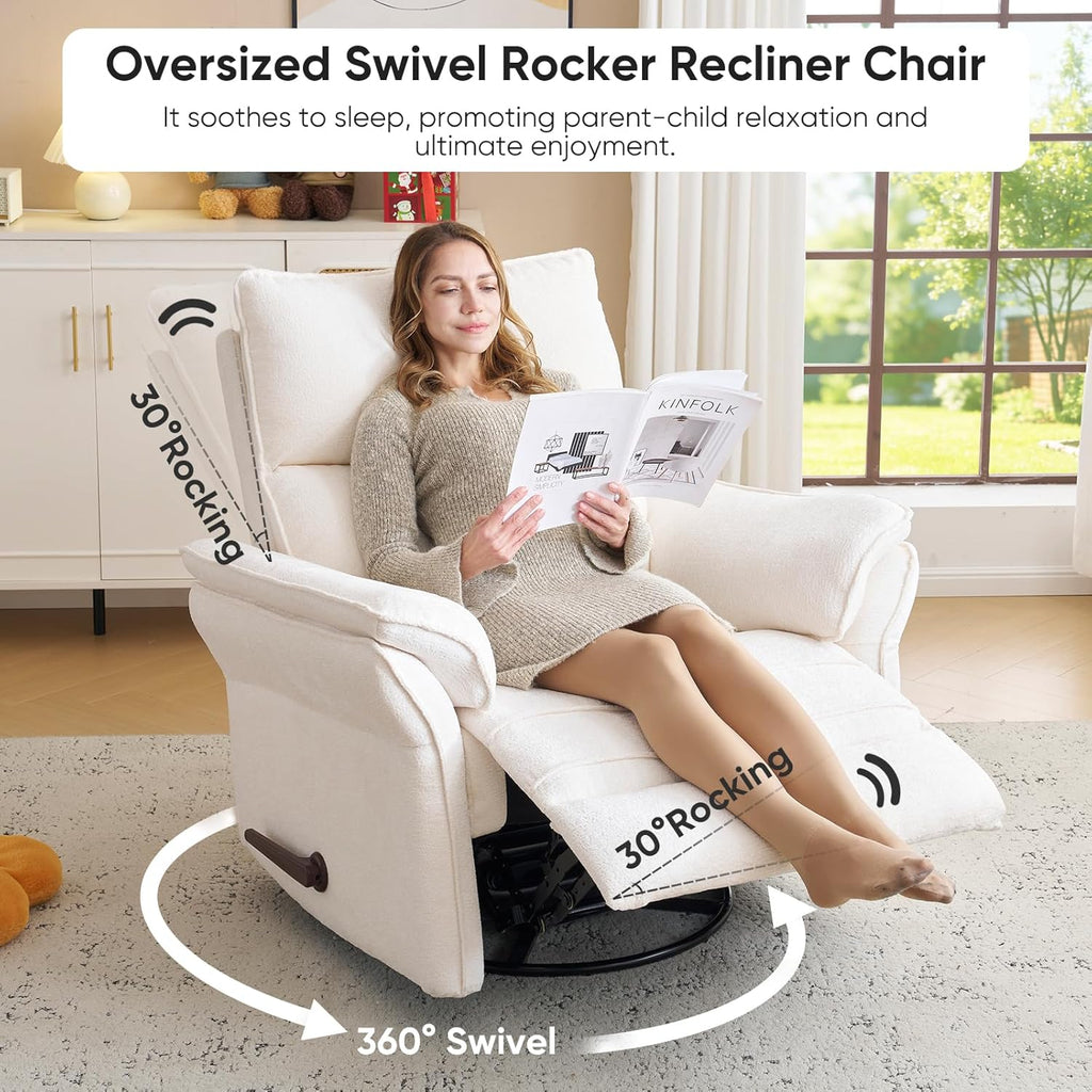 Rocking Chair Nursery with Adjustable Headrest,Manual Swivel Rocker Recliner Nursery Chair with Overstuffed Armrest,Glider Rocker Recliner for Living Room & Bedroom,White