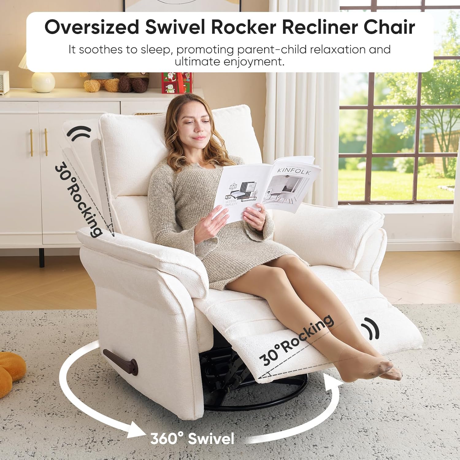 Rocking Chair Nursery with Adjustable Headrest,Manual Swivel Rocker Recliner Nursery Chair with Overstuffed Armrest,Glider Rocker Recliner for Living Room & Bedroom,White