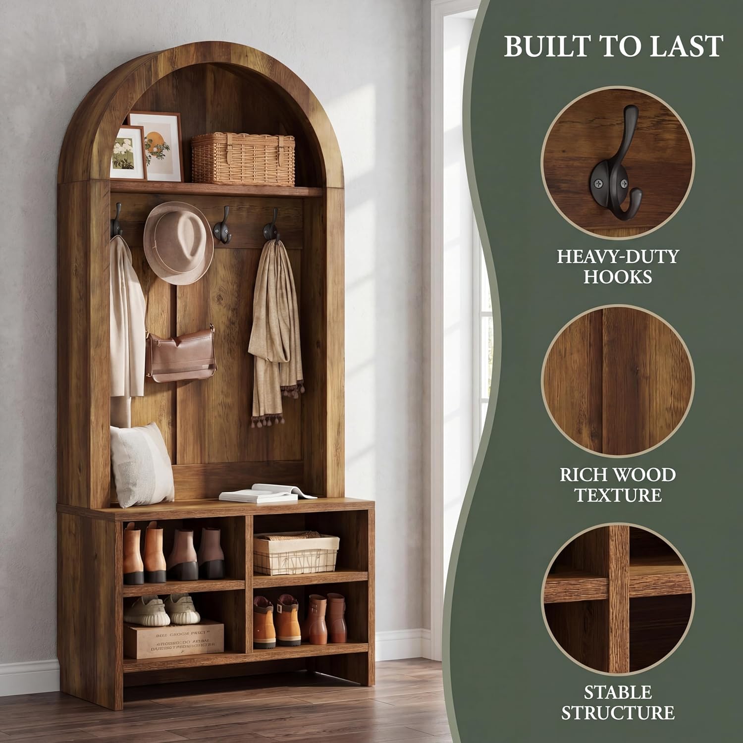 Tribesigns Arched Hall Tree with Bench and Shoe Storage, 70.87" H Tall Coat Rack with Shoe Storage Bench, 4-in-1 Entryway Coat Rack with 4 Hooks & Storage Cubbies, for Mudroom, Hallway, Bedroom, Brown