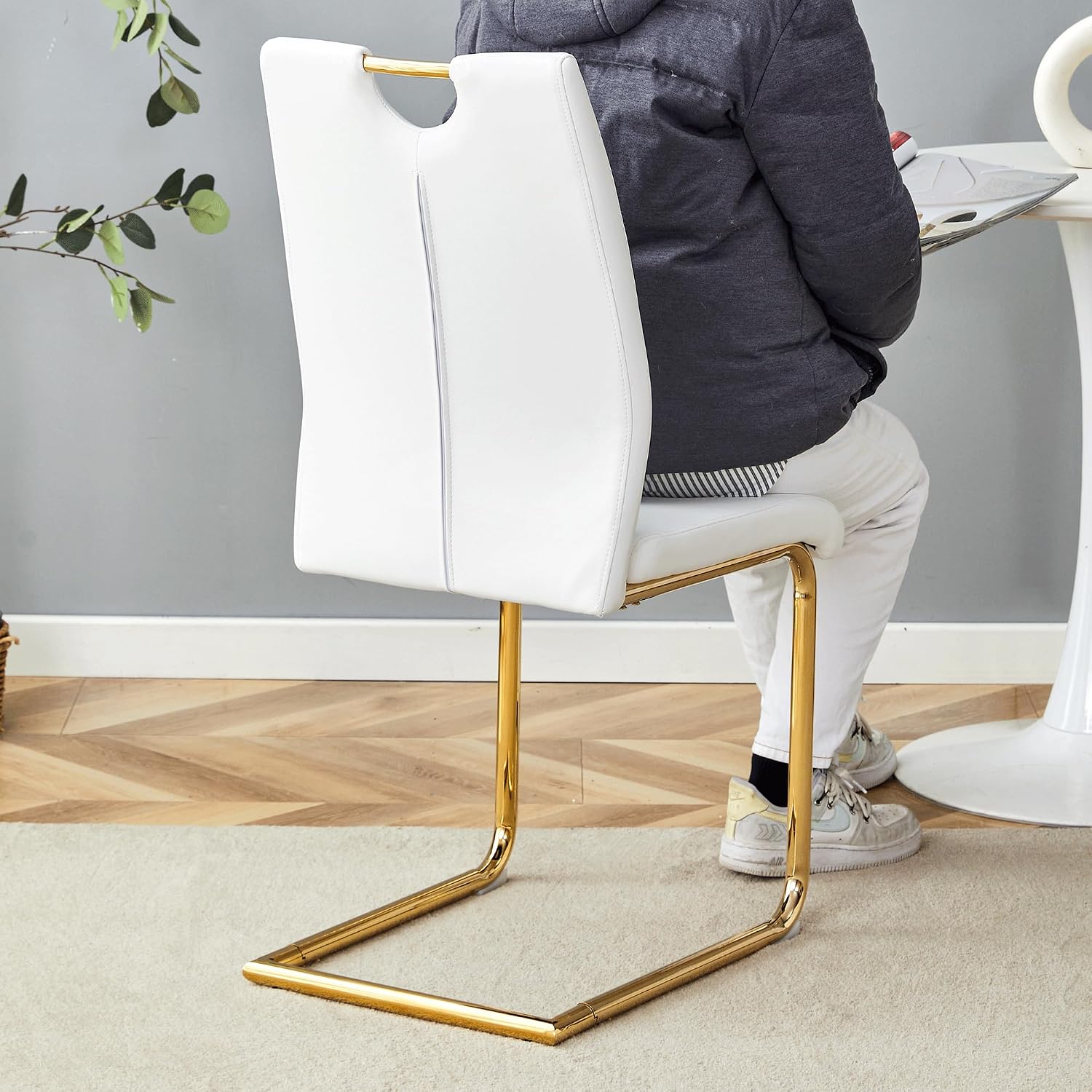 White Dining Chairs Set of 4,Modern Faux Leather Kitchen Chairs,Chrome Gold Legs,Easy to Clean,Dining Room,Office