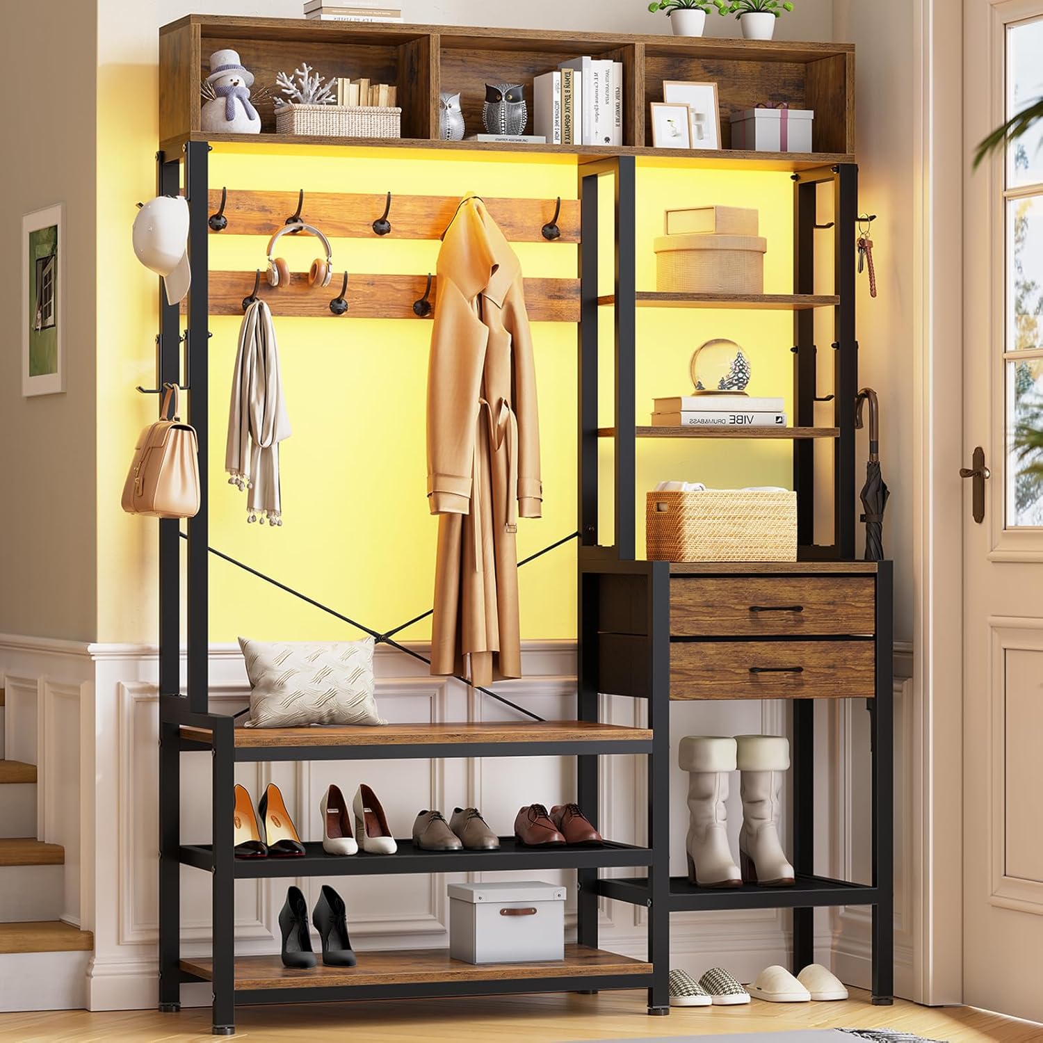 Itaar Hall Tree with Bench and Shoe Storage, 7-in-1 Entryway Bench with Coat Rack, 3 Storage Cubbies, 3 Open Shelves, 17 Coat Hooks, 2 Fabric Drawers (Rustic Brown)
