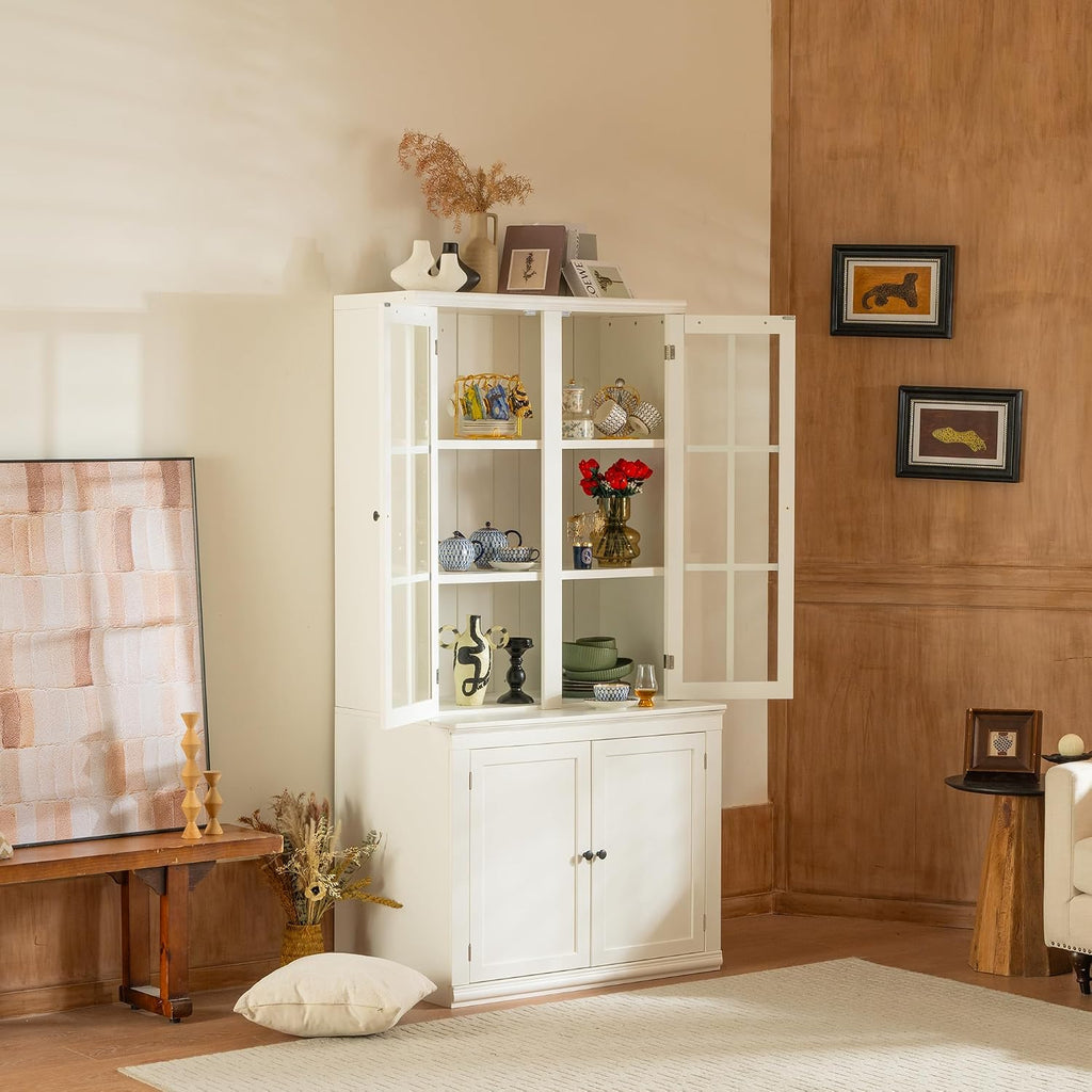 roomfitters 75.25'' Pantry Cabinet with Glass Door, Farmhouse Hutch Display Cabinet with Storage for Kitchen and Living Room, White