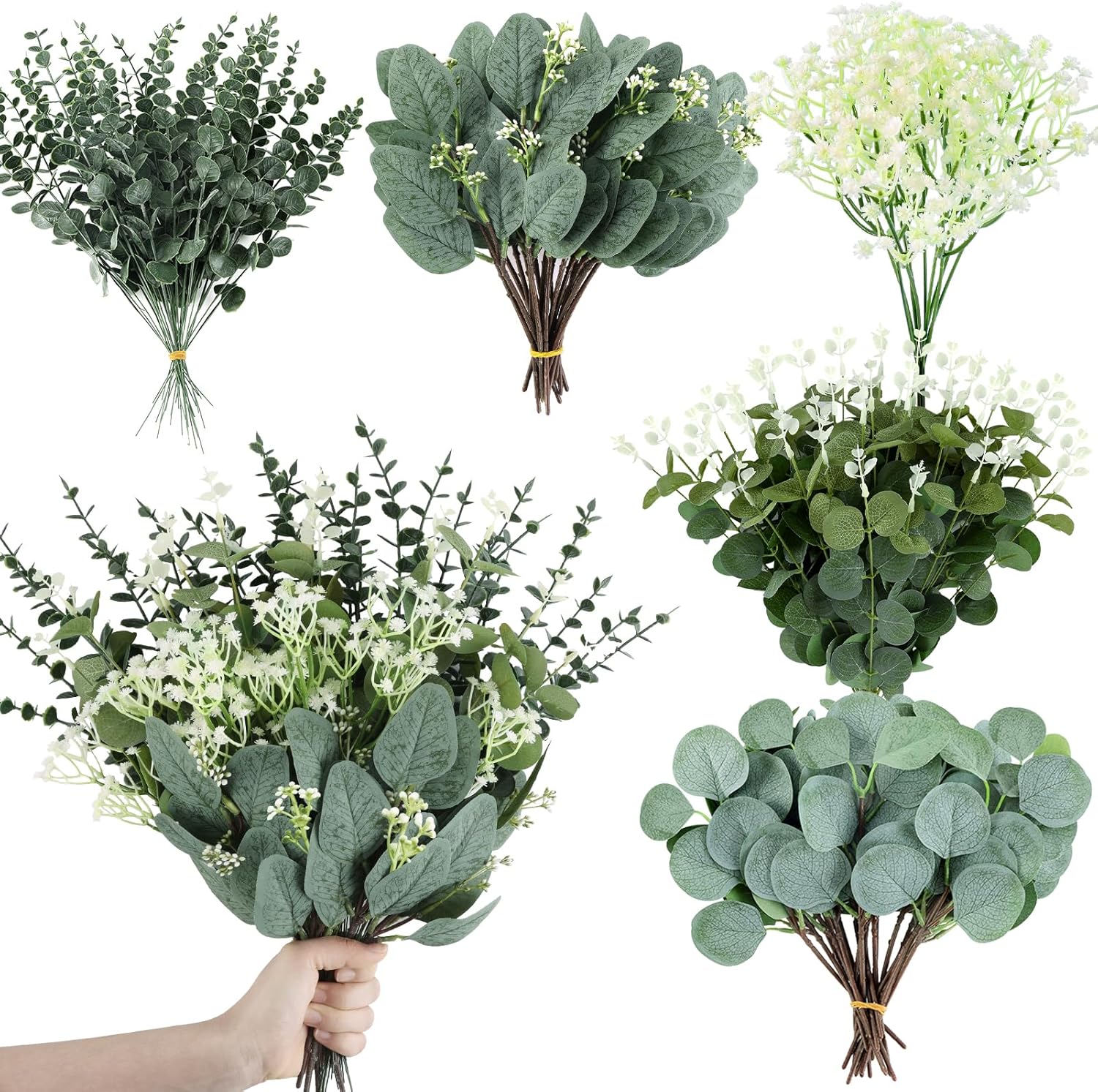 Consevisen 120 Pcs Eucalyptus Stems Artificial Flowers, 5 Kinds Mixed Faux Eucalyptus Leaves Greenery Stems Bulk for Wedding Bouquet, Table Centerpieces, Vase Floral Arrangements, Farmhouse Home Decor