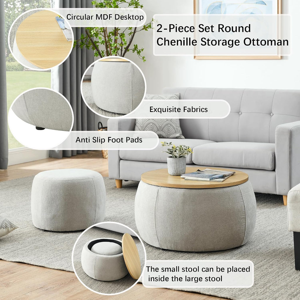 2-Piece Set Round Chenille Storage Ottoman, Equipped with a Drum Shaped Small Stool, Storage Space, and MDF Made Desktop Panel (Light Grey, 25"x25"x14.7")