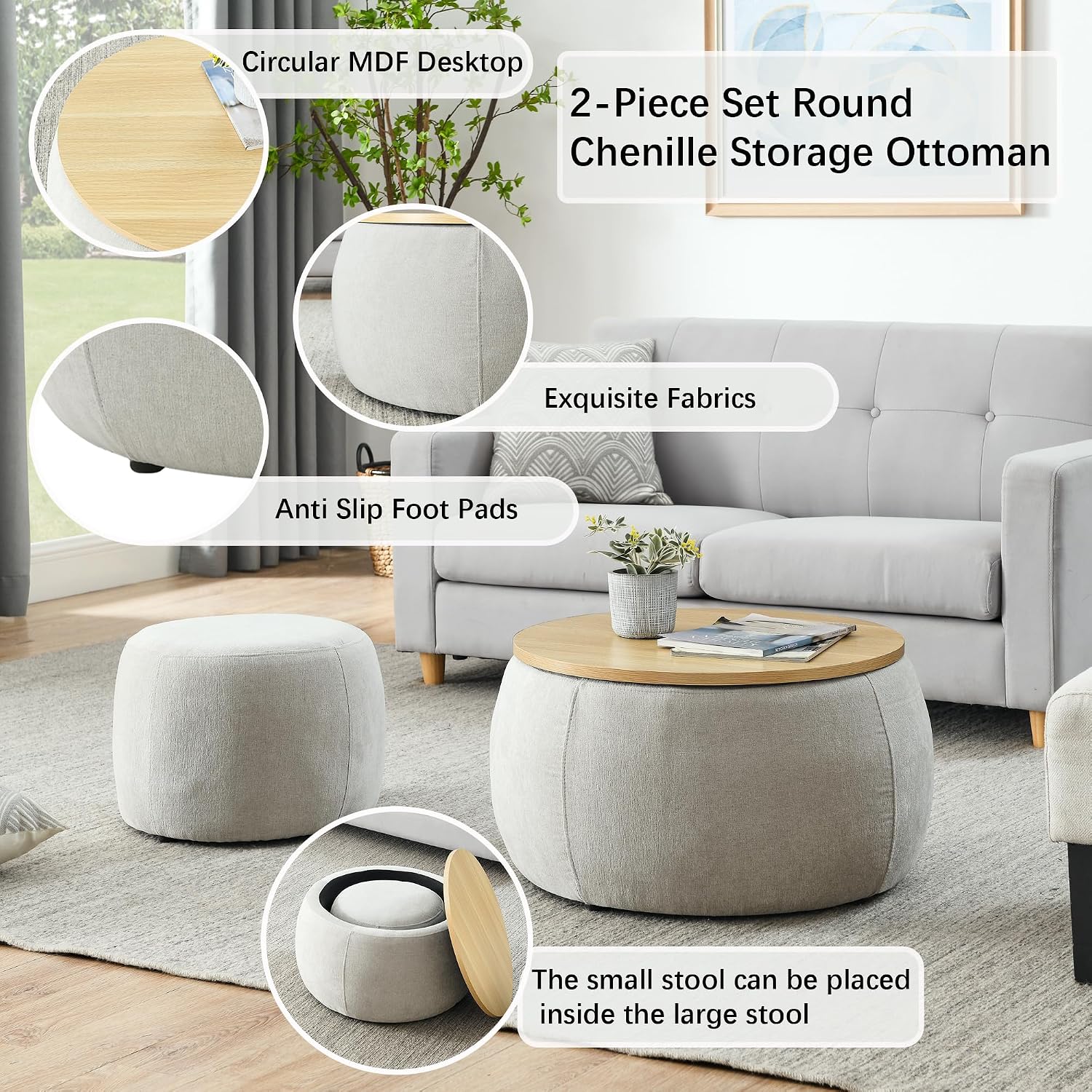 2-Piece Set Round Chenille Storage Ottoman, Equipped with a Drum Shaped Small Stool, Storage Space, and MDF Made Desktop Panel (Light Grey, 25"x25"x14.7")