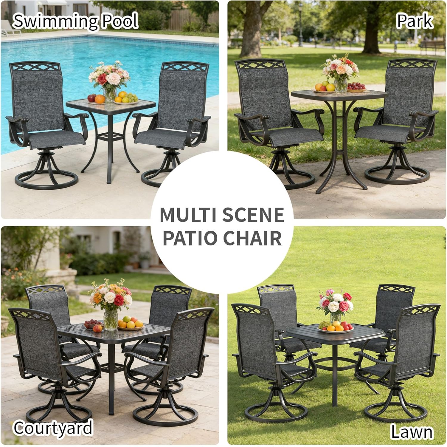 Patio Swivel Chair Set of 2, High Back Textilene Patio Chairs, Swivel Dining Chairs for Outdoor – 360° Swivel Rocker Chair, All-Weather Metal Frame for Porch, Garden, Deck, Poolside (Gray-2, 2PC)