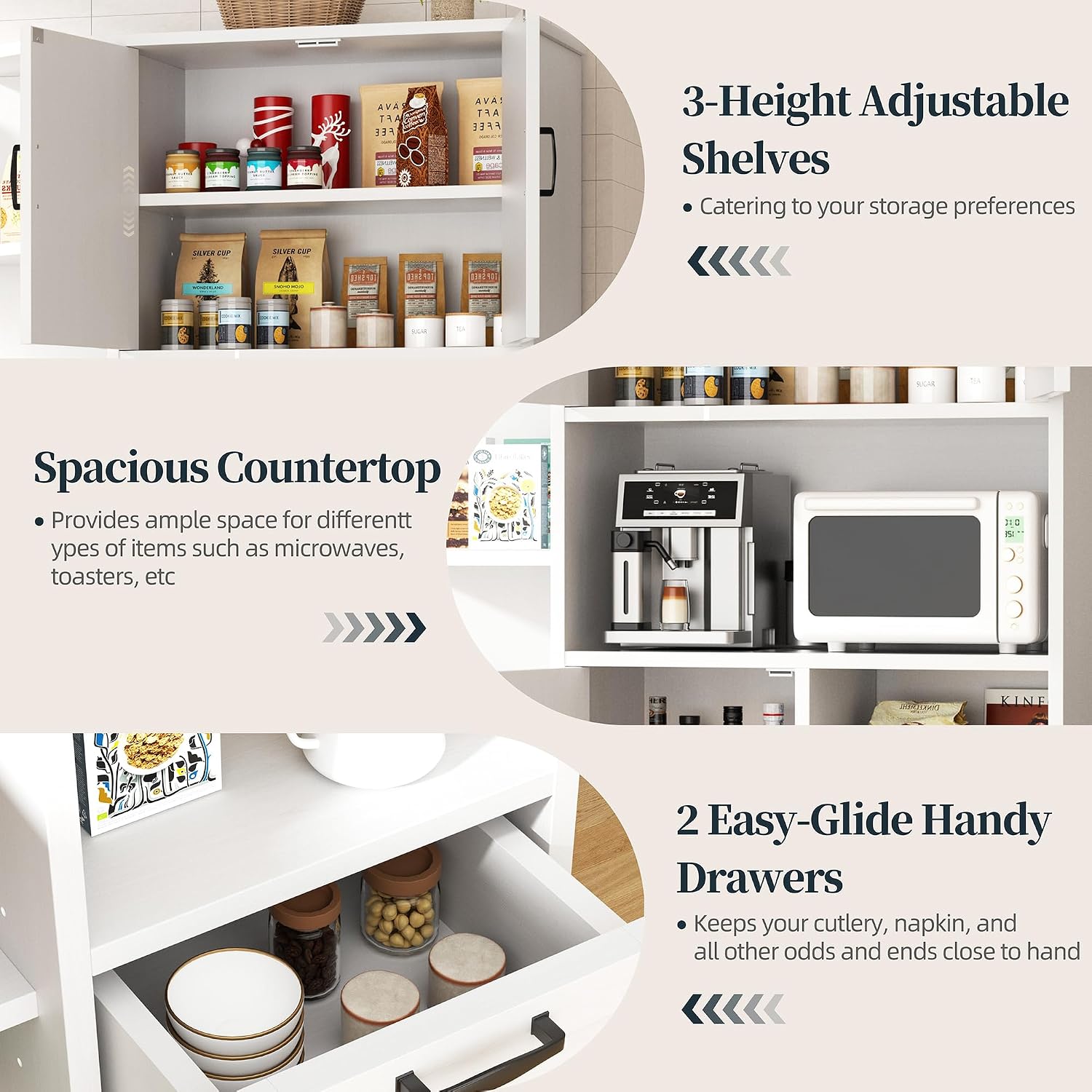 SUNLEI Farmhouse Tall Kitchen Hutch, Pantry Storage Cabinet with Microwave Shelf, Multi-Functional Kitchen Organizers with Cupboard & Drawers for Dining Room, White