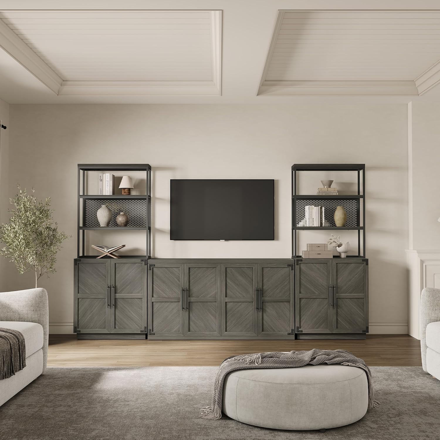 SICOTAS Buffet Cabinet with 4 Doors, Modern Sideboard Cabinet with Storage and Adjustable Shelves, Large Credenza Storage Cabinet (1, Ash Gray)