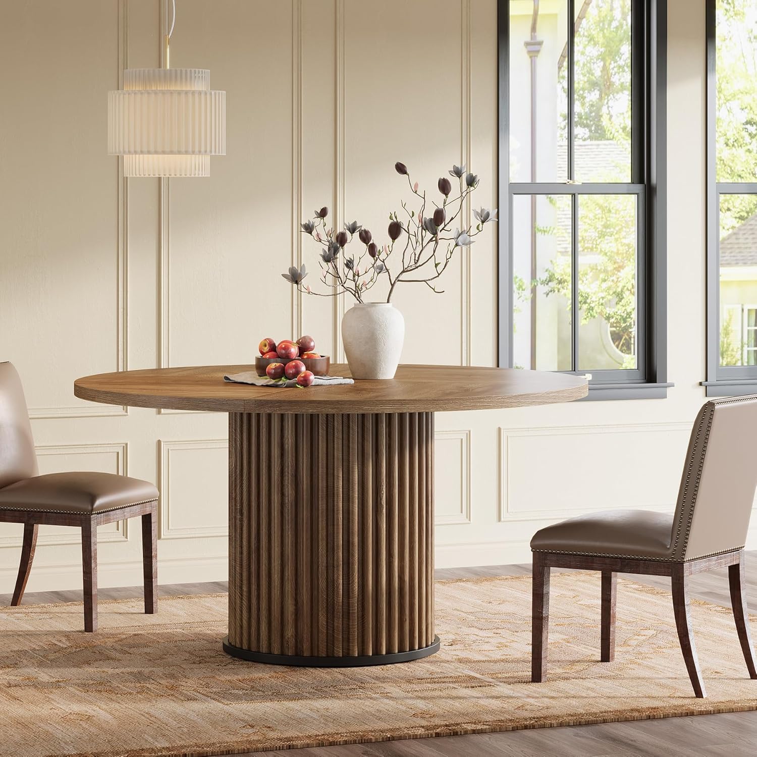 Tribesigns 47.24-Inch Brown Round Dining Table for 4-6 People, Modern Fluted MDF + Metal Base Kitchen Table, Sturdy Circle Dining Room Furniture, Brown