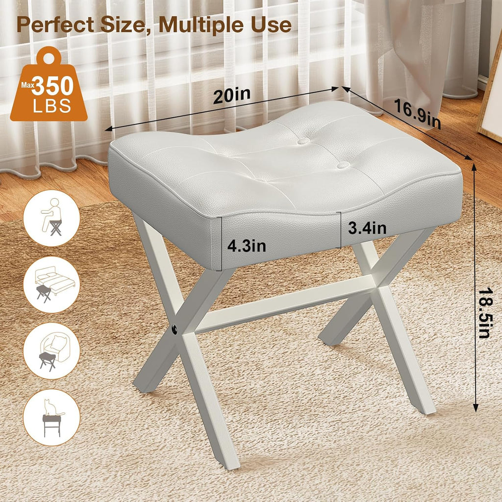 Memobarco 18-Inch Large Leather Vanity Stool, Vanity Chair with Metal X-Leg, Ottoman Accent Stool with Thick Padded Saddle Seat, White