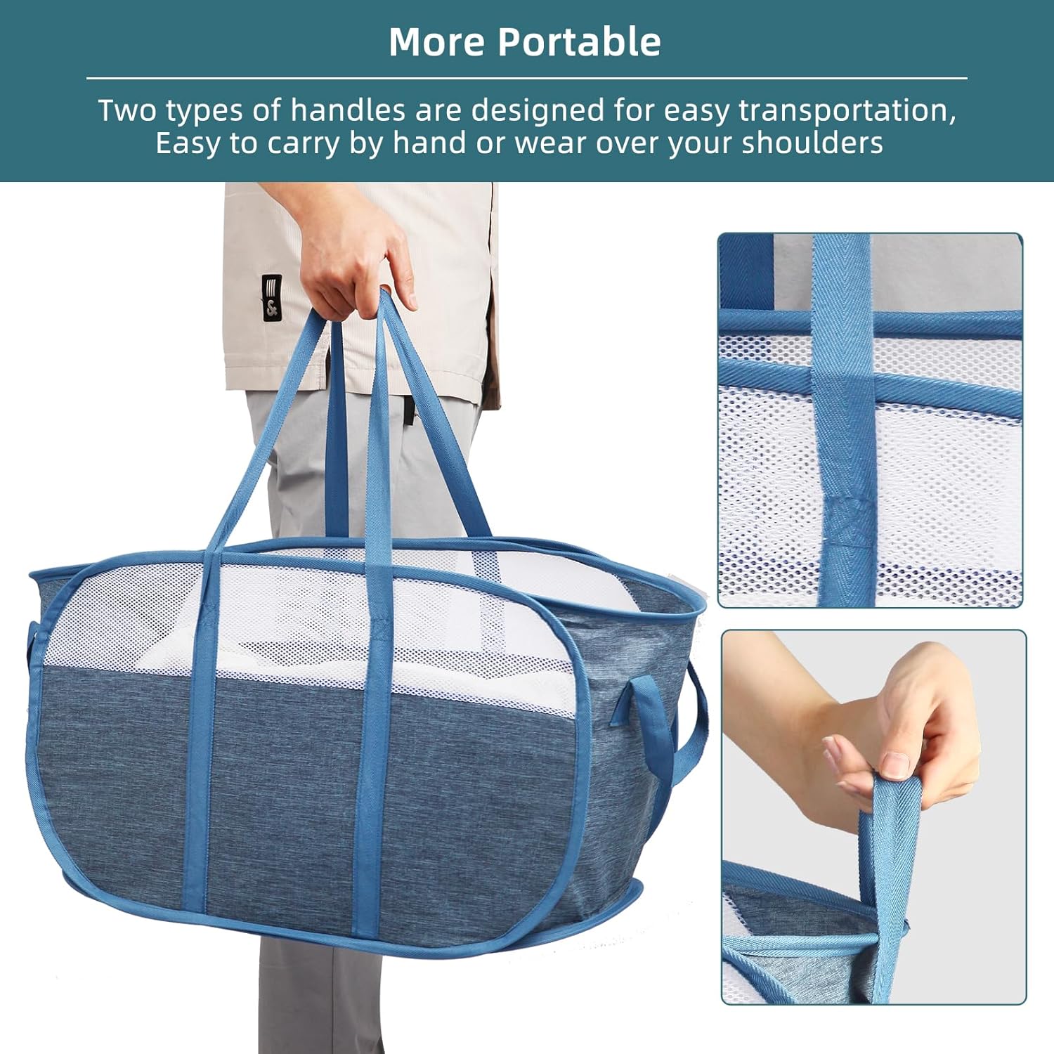 Collapsible Laundry Baskets, Tear Proof Pop Up Laundry Hamper with Dual Handles, Durable Foldable Laundry Basket, Easy to Carry Laundry Hamper for Home, Laundry Room, Bedroom, Dorm, Travel Blue