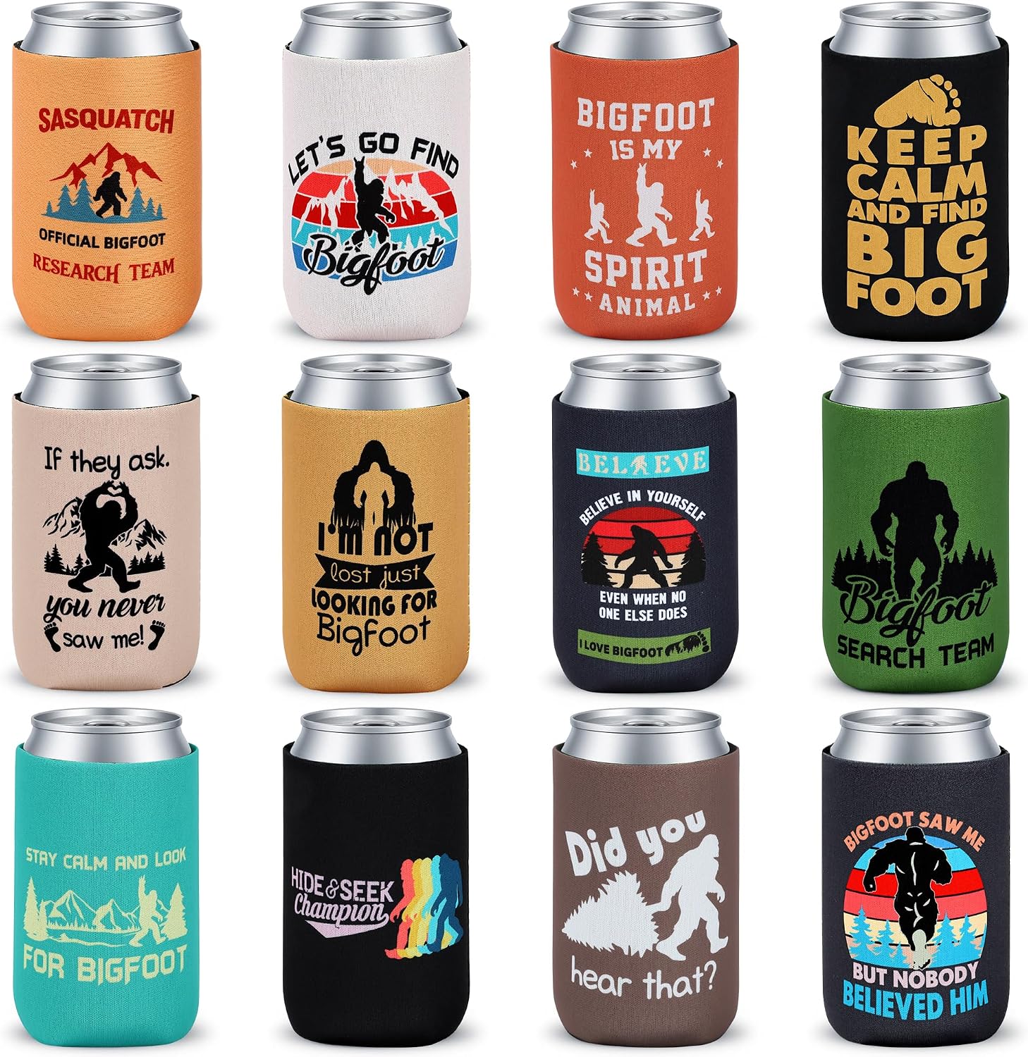 12 Pack Bigfoot Can Cooler Sleeves – Big Foot Sasquatch Gifts, Neoprene Collapsible Beer Can Sleeves for Parties, Camping, BBQ – Bigfoot Gifts for Men & Outdoor Lovers