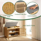 APRTAT Bamboo Shoe Storage Bench with Padded Cushion, 3-Tier Shoe Rack Organizer with 2 Ventilated Grille Doors for Entryway, Bedroom, Bathroom (Nature, Large)